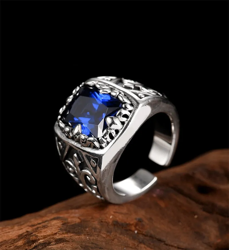 Blue Cubic Zirconia Stone 925 Sterling Silver Adjustable Vintage Heavy Rock Biker Ring