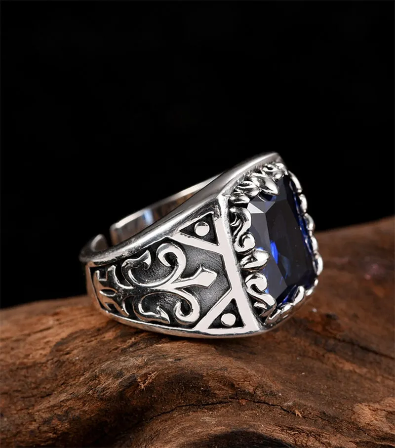 Blue Cubic Zirconia Stone 925 Sterling Silver Adjustable Vintage Heavy Rock Biker Ring