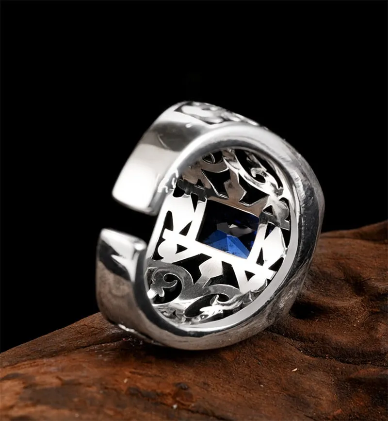 Blue Cubic Zirconia Stone 925 Sterling Silver Adjustable Vintage Heavy Rock Biker Ring