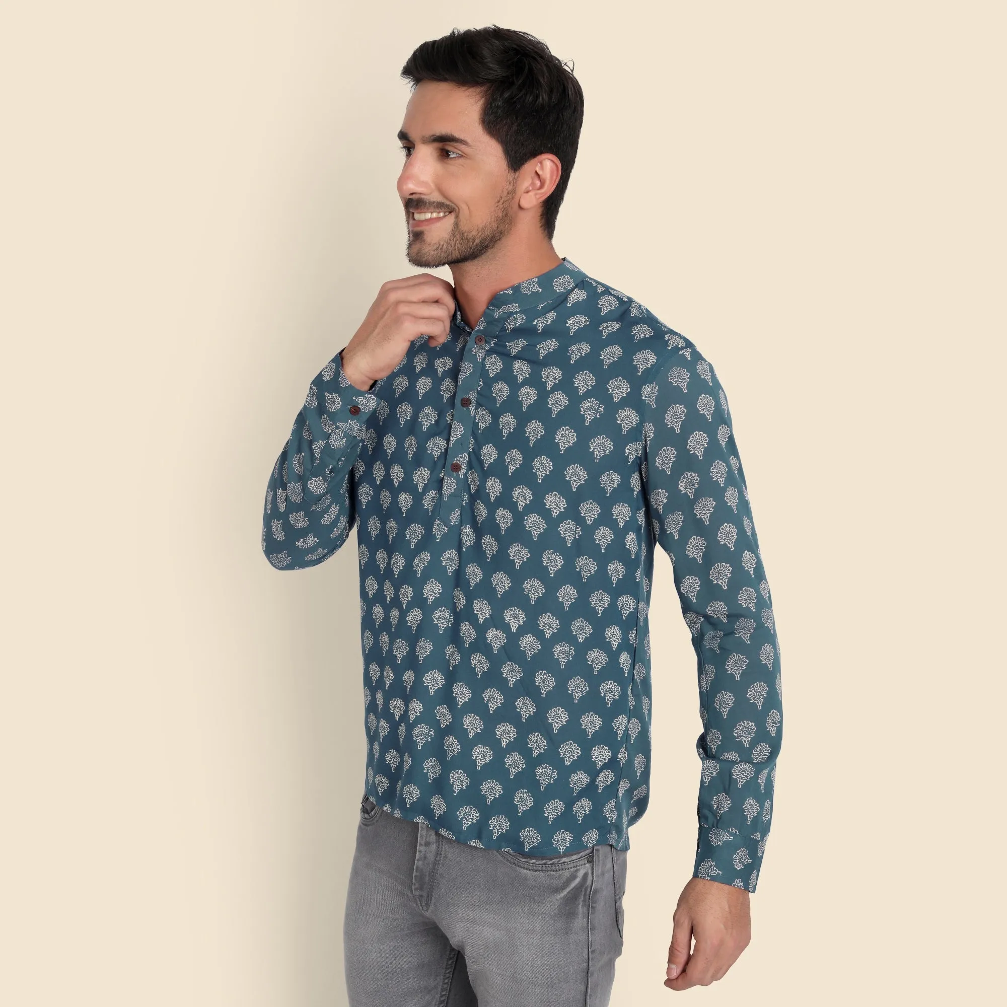 Blue Hand Block Printed Shirt for Men