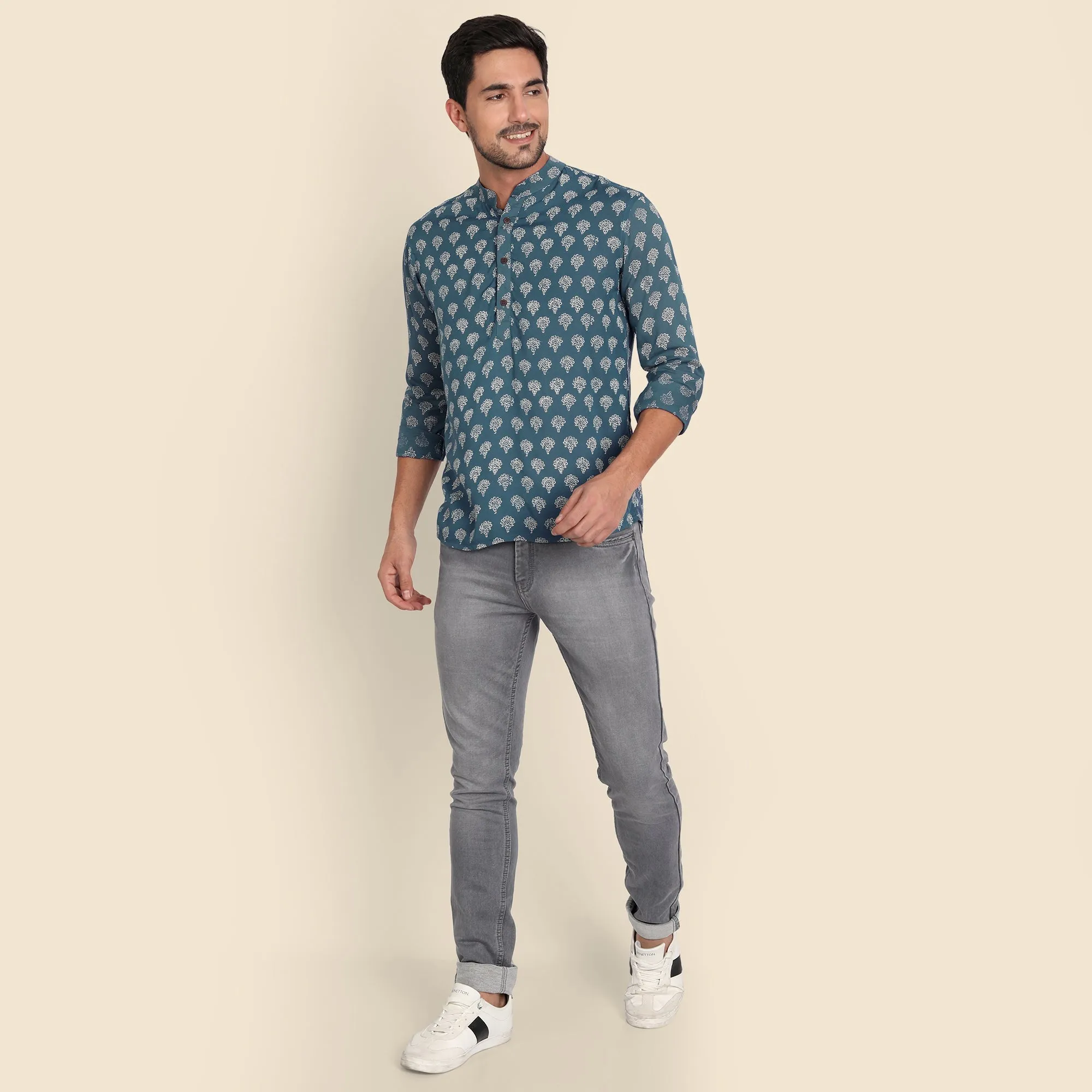 Blue Hand Block Printed Shirt for Men