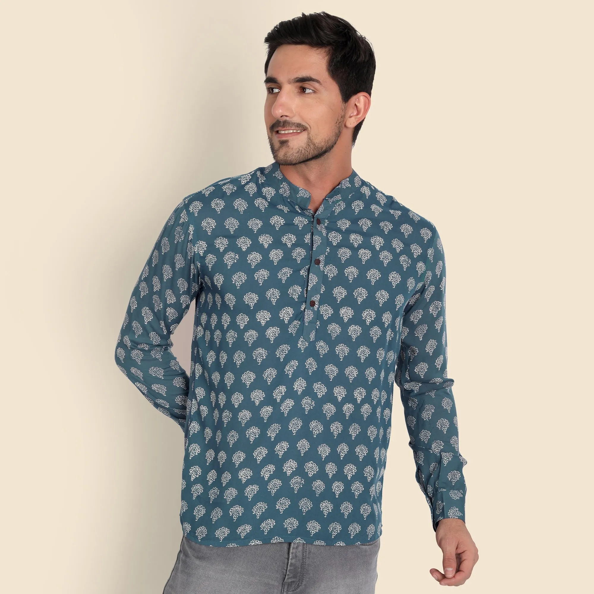 Blue Hand Block Printed Shirt for Men