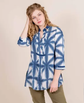 Blue Tie And Dye Double Pleated Mandarin Collar Short Kurta Top