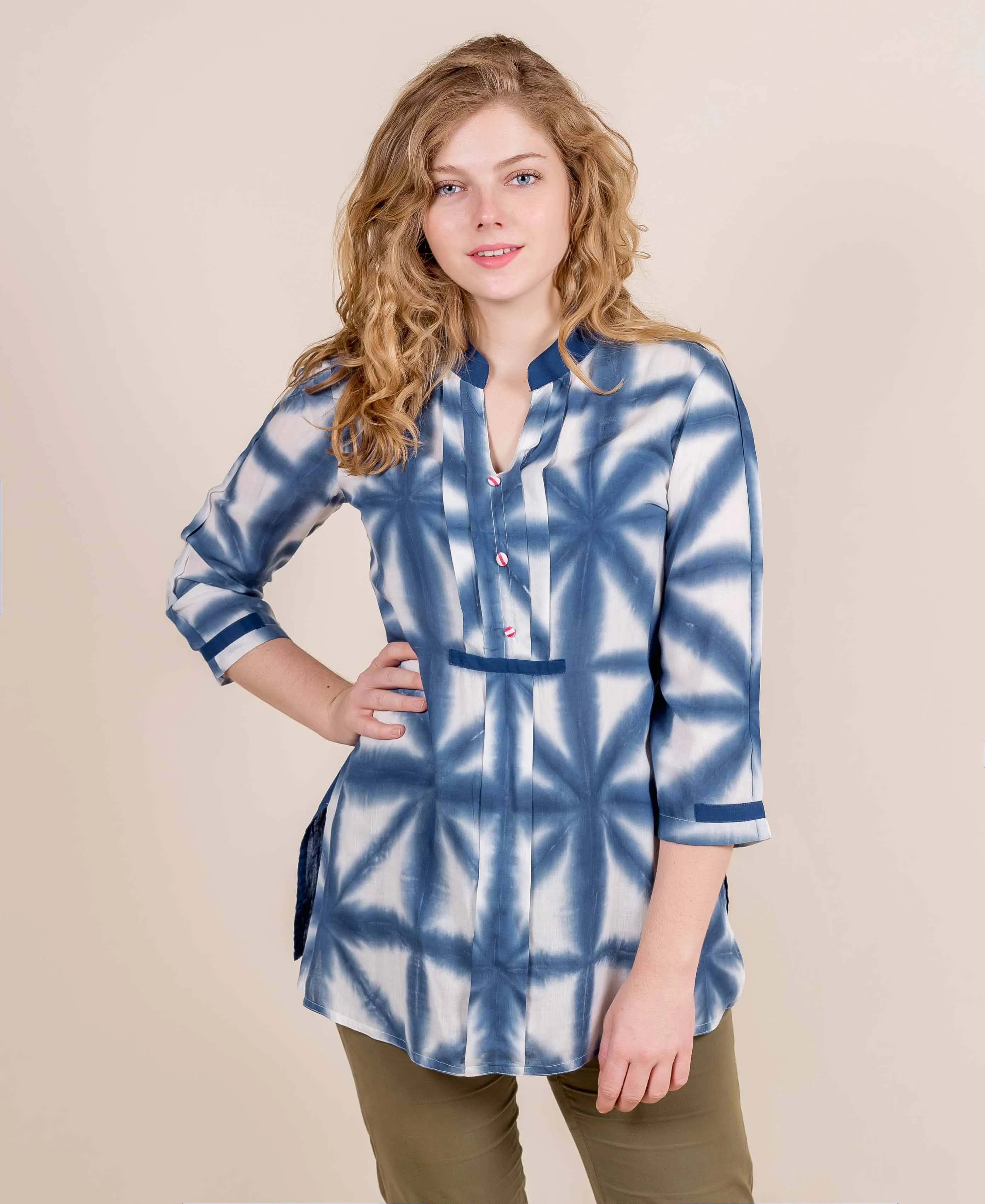 Blue Tie And Dye Double Pleated Mandarin Collar Short Kurta Top