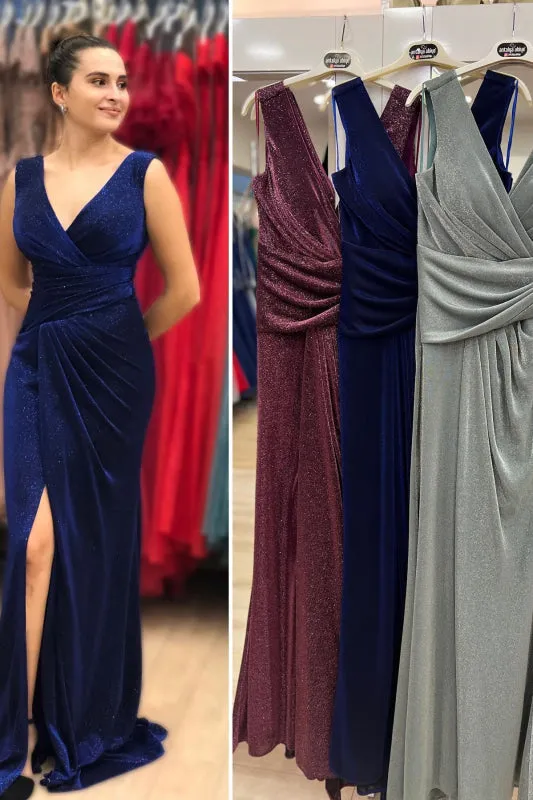 Blue Vintage V-Neck Long Mermaid Prom Dress With Split