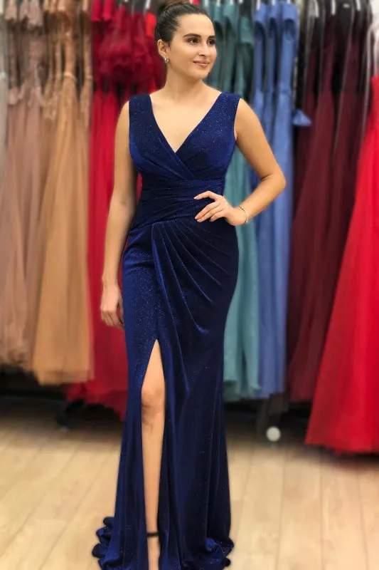 Blue Vintage V-Neck Long Mermaid Prom Dress With Split