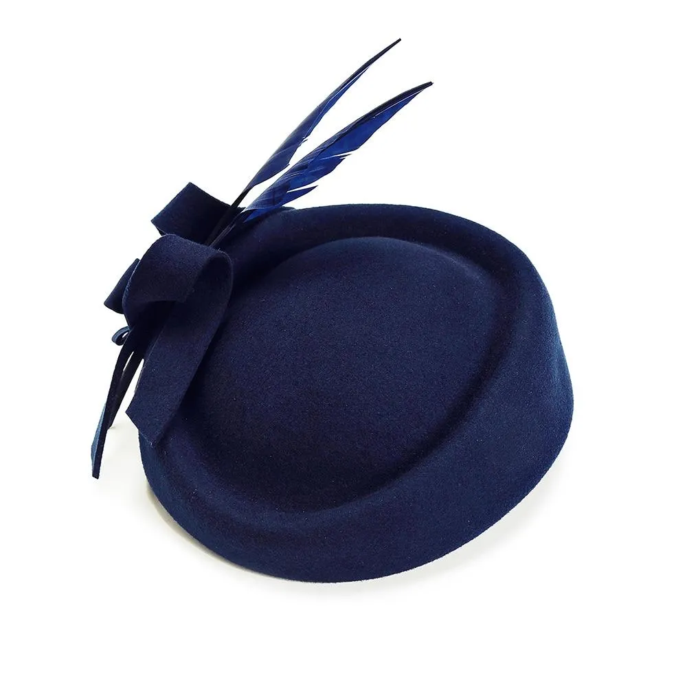 Blue Wool Pillbox Fascinator Hat with Blue Feathers