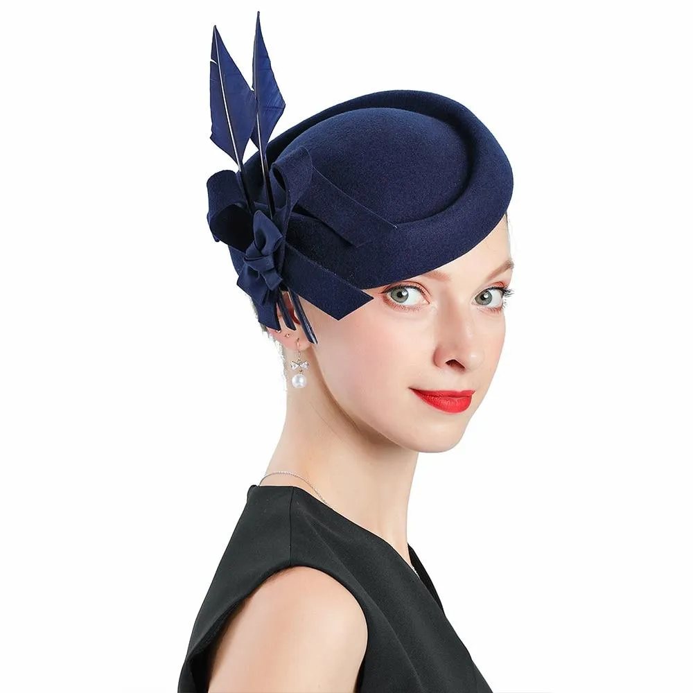 Blue Wool Pillbox Fascinator Hat with Blue Feathers