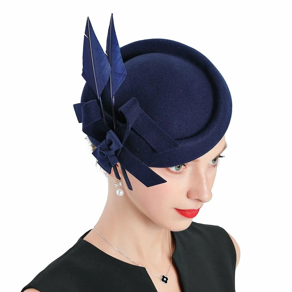 Blue Wool Pillbox Fascinator Hat with Blue Feathers