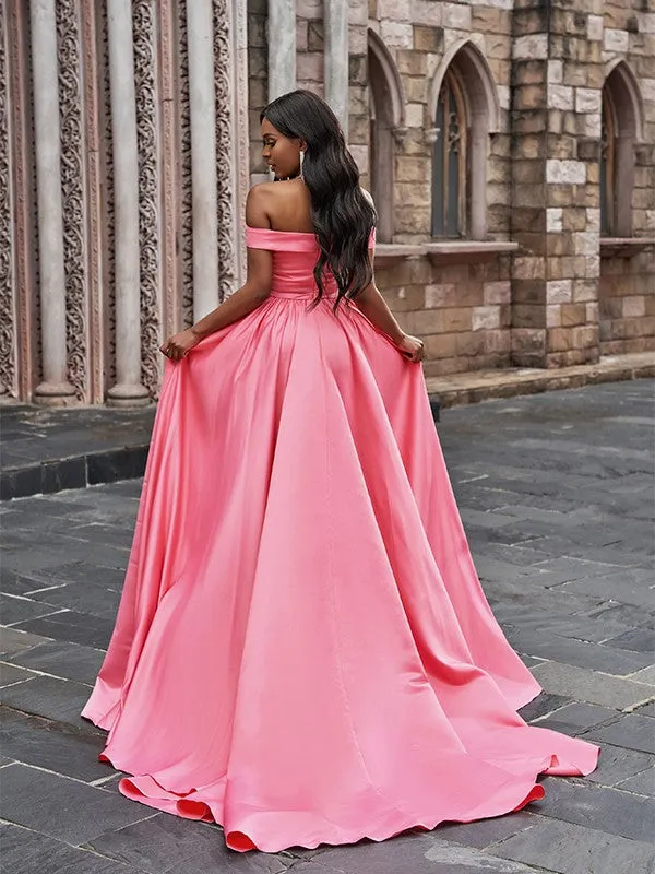 Blush Pink Off-the-Shoulder Prom Gown with Thigh-High Split