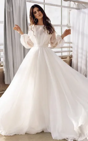 Bohemian Bateau A Line Floor-length Sweep Train Long Sleeve Wedding Dress-716037