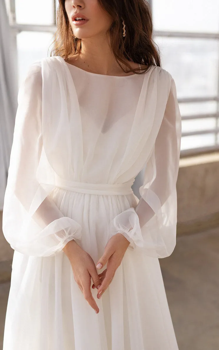 Bohemian Bateau A Line Floor-length Sweep Train Long Sleeve Wedding Dress-716037