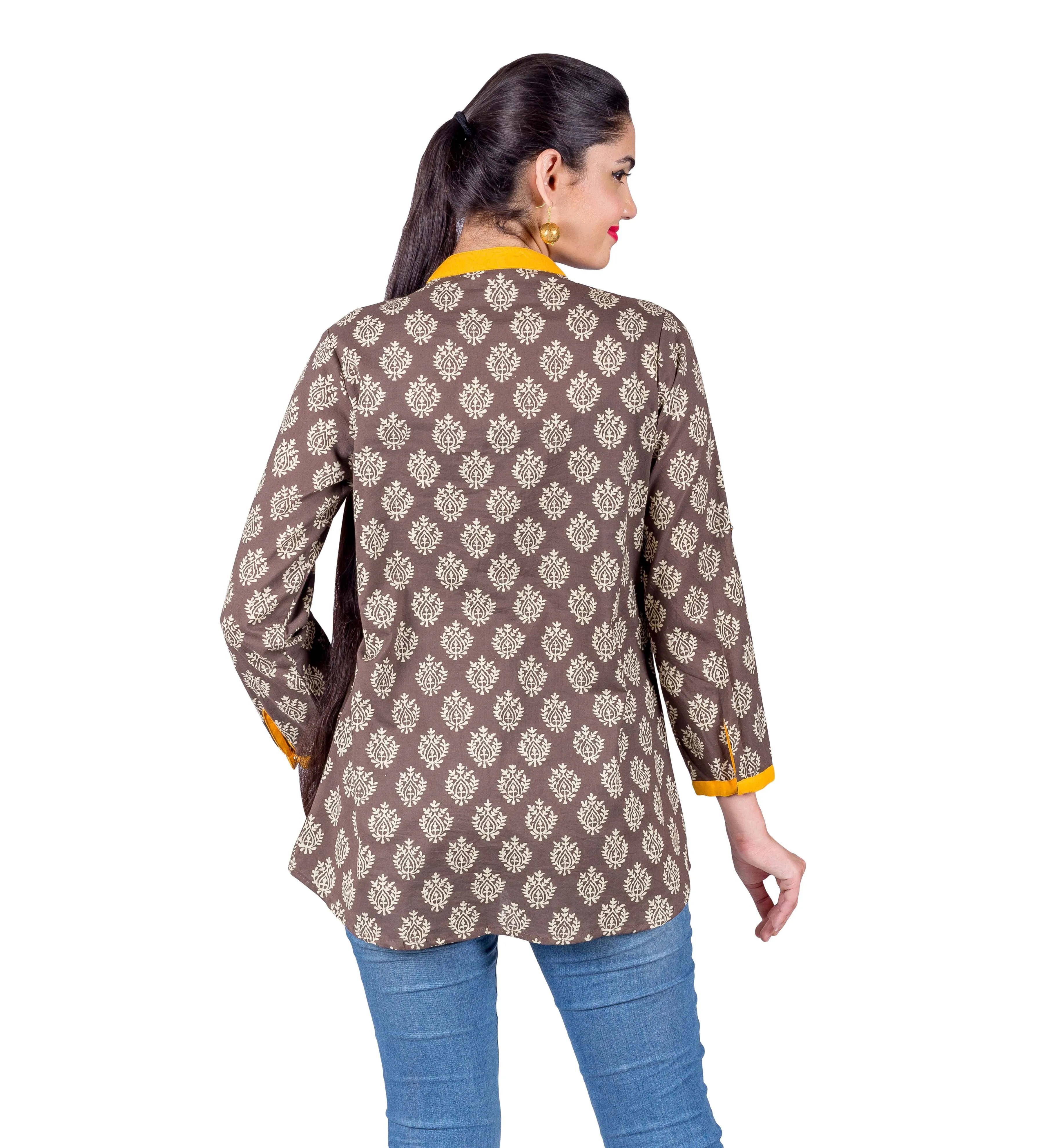 Brown / Beige Button Up Round Neck Hand Block Printed Ethnic Top