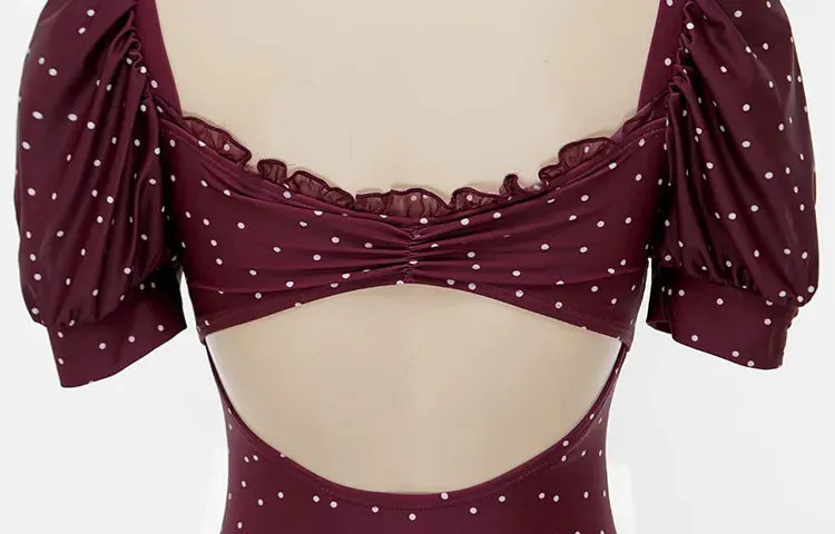 Burgundy Puff Sleeve Modest Swimsuit