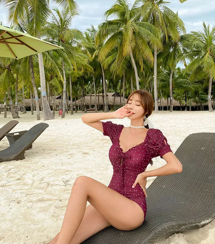 Burgundy Puff Sleeve Modest Swimsuit