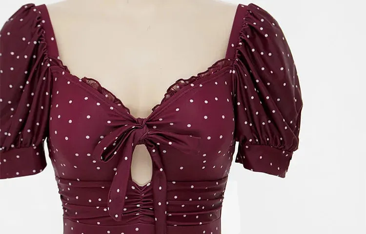 Burgundy Puff Sleeve Modest Swimsuit