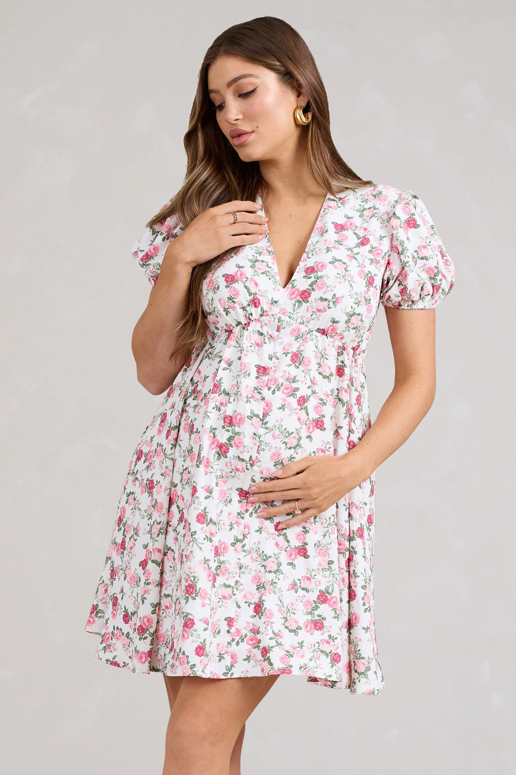 By The Cypress | Pink Floral Maternity V-Neck Puff-Sleeved Buttoned Mini Dress