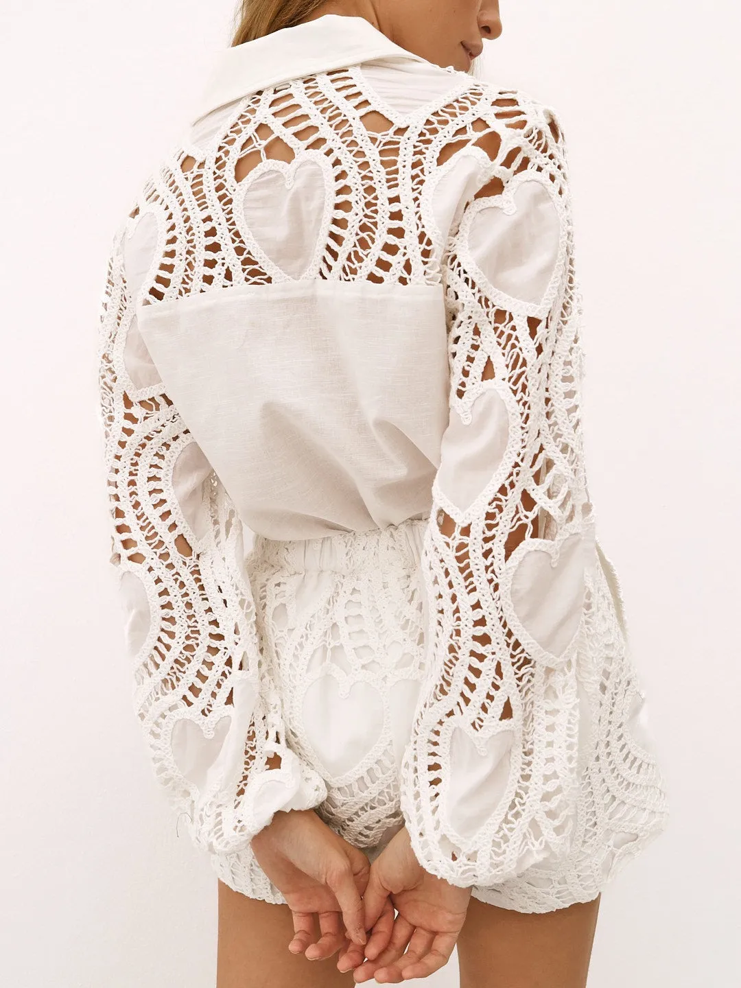 Cabana Guipure Lace & Linen Shirt | White