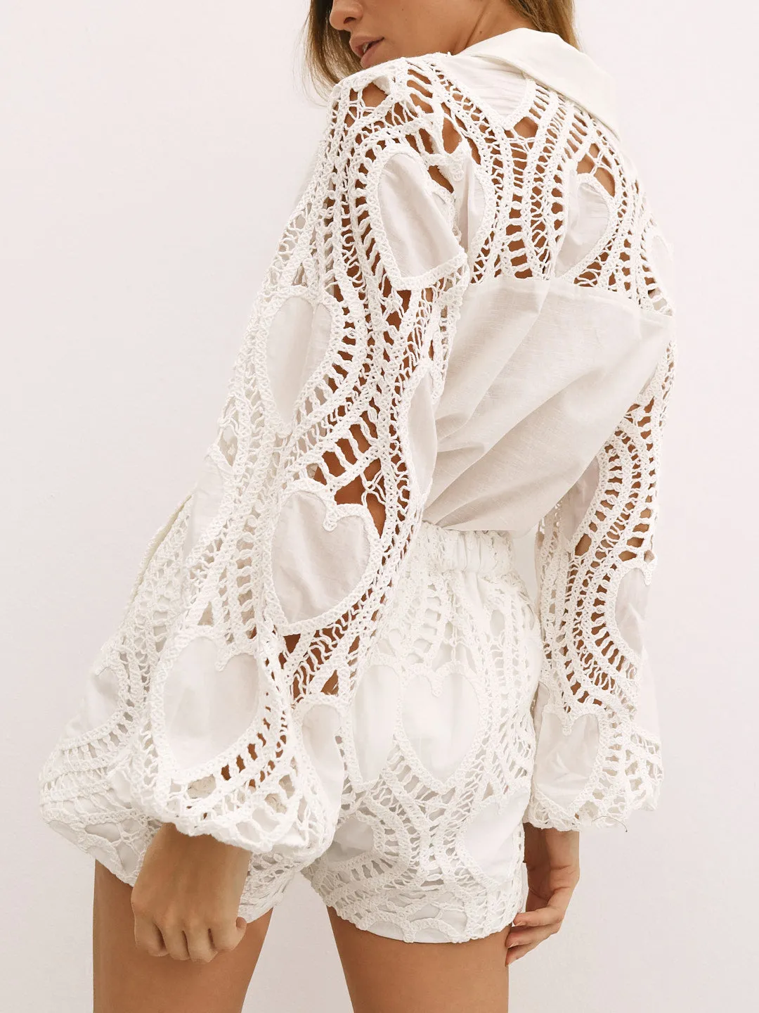 Cabana Guipure Lace & Linen Shirt | White