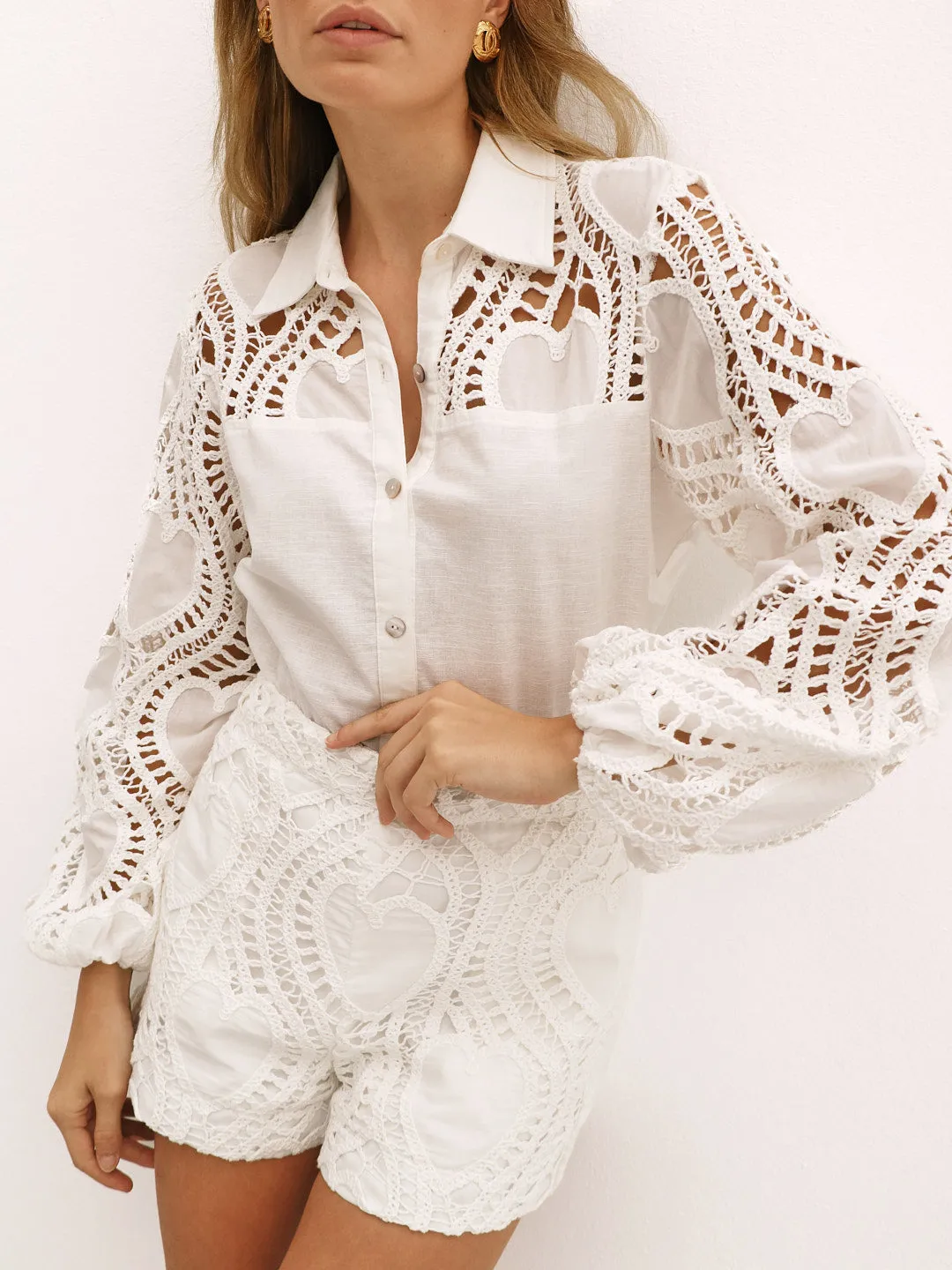 Cabana Guipure Lace & Linen Shirt | White