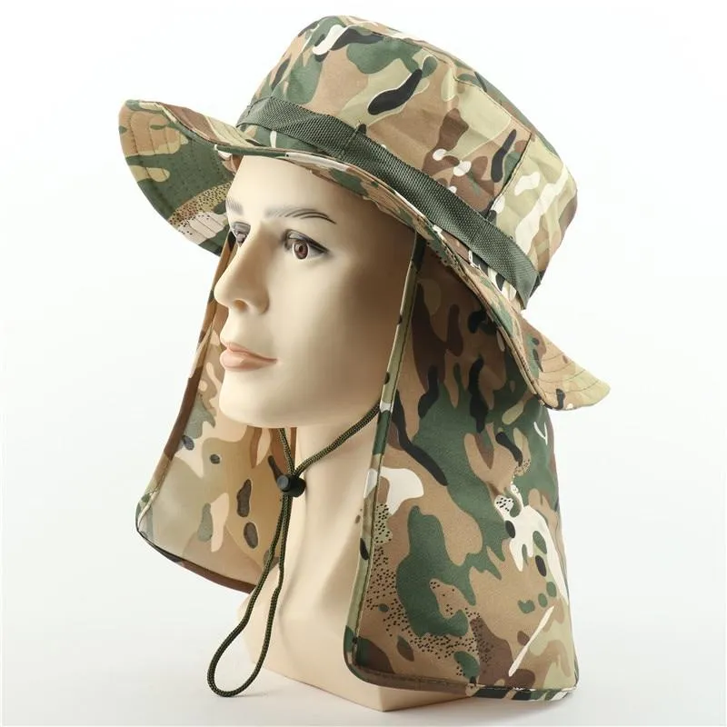 Camouflage UV Protection Boonie Bucket Flap Hat with Rope