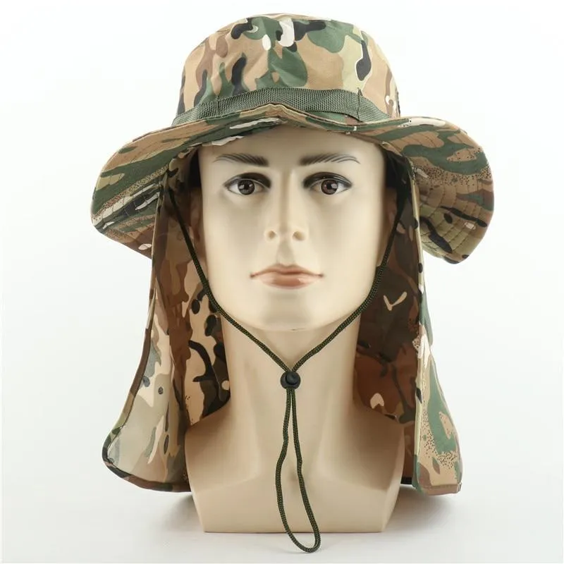 Camouflage UV Protection Boonie Bucket Flap Hat with Rope