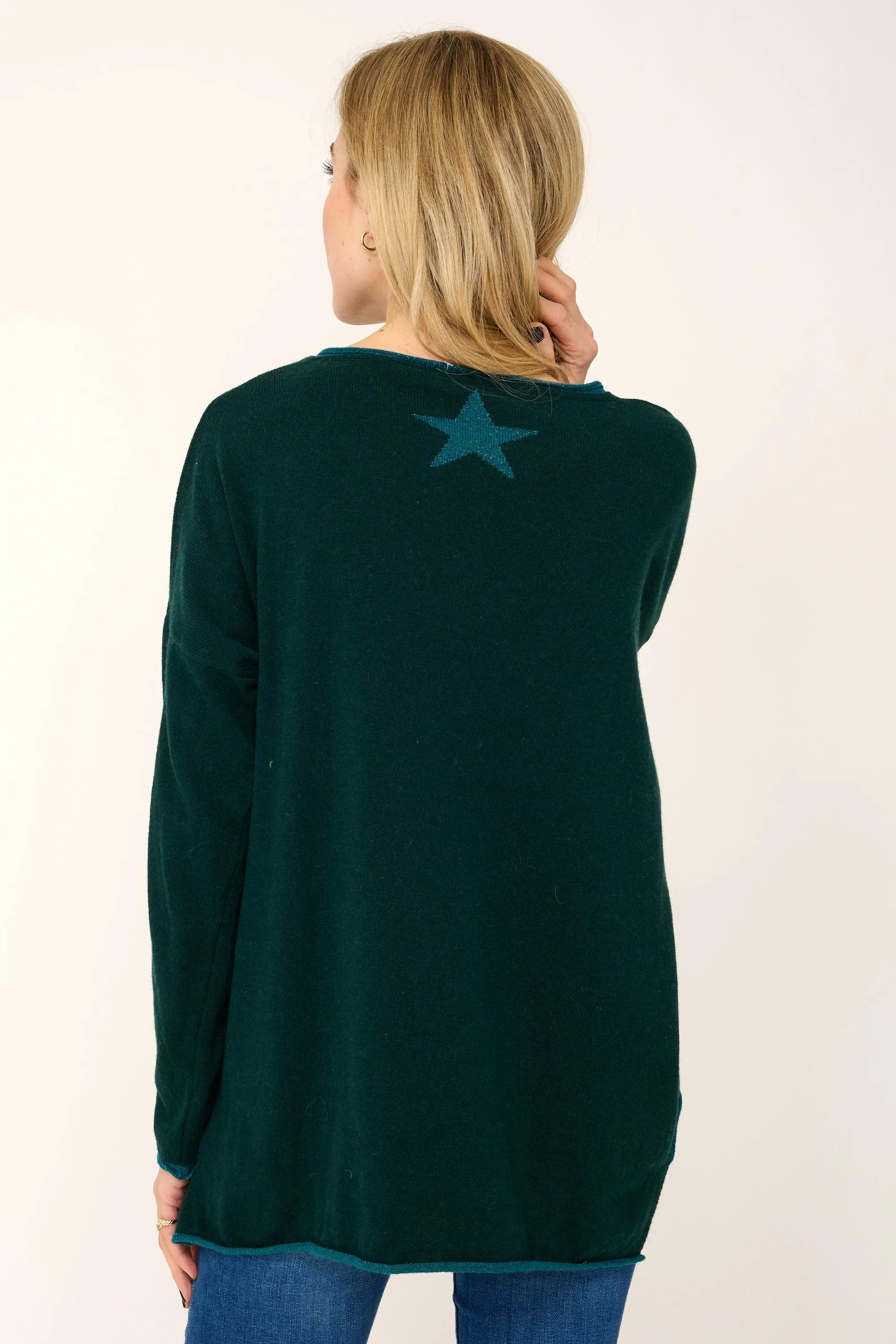 Cashmere Mix Sweater in Forest Green with Teal V-Neck & Star