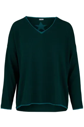 Cashmere Mix Sweater in Forest Green with Teal V-Neck & Star