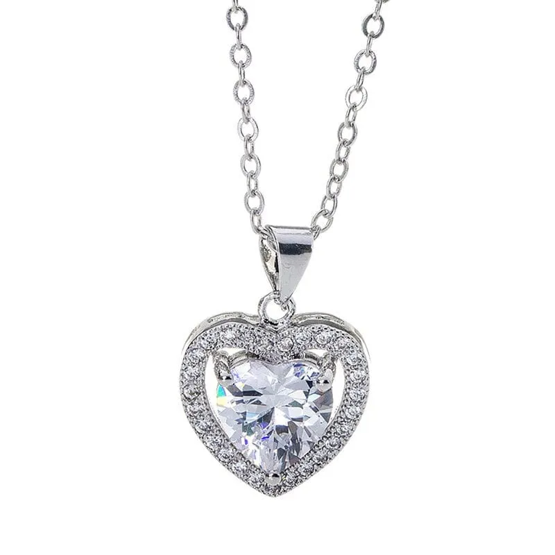 Charm Heart Diamond Necklace - 925 Sterling Silver