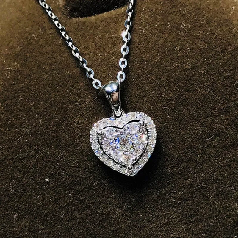 Charm Heart Diamond Necklace - 925 Sterling Silver