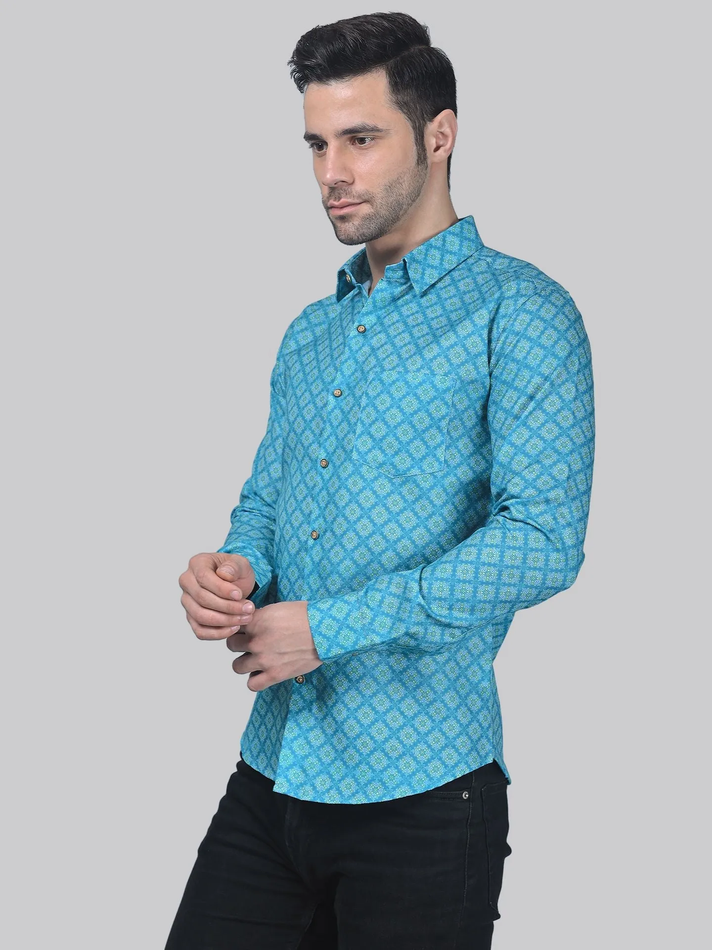 City-sleek Men's Printed Full Sleeve Cotton Button-Up Shirt for Men