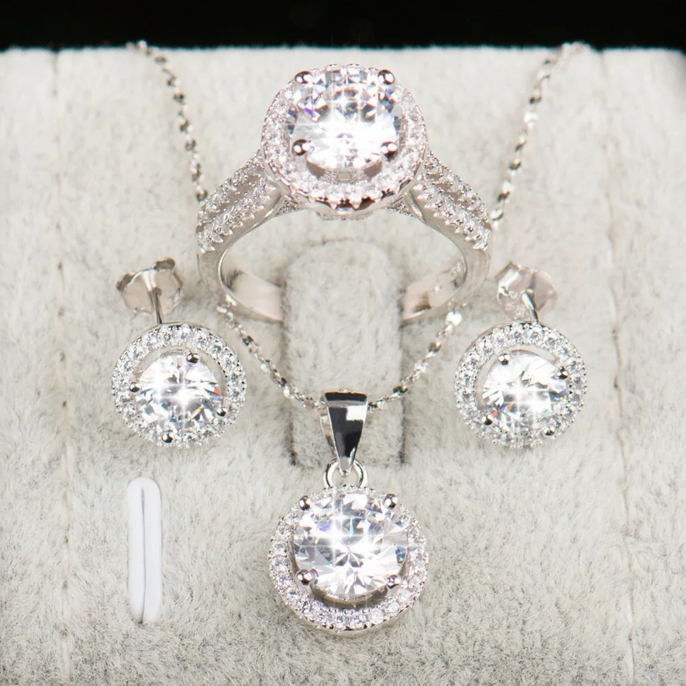 Classic Cubic Zirconia Necklace, Stud Earrings & Ring Wedding Jewelry Set