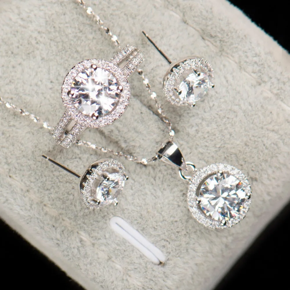 Classic Cubic Zirconia Necklace, Stud Earrings & Ring Wedding Jewelry Set