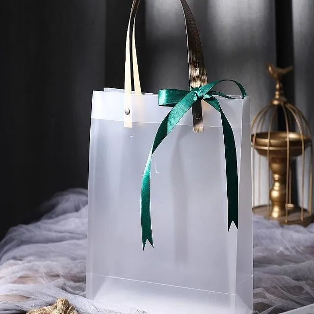 Clear Gift Bag with Handles Reusable White Frosted Plastic Bag for Gift