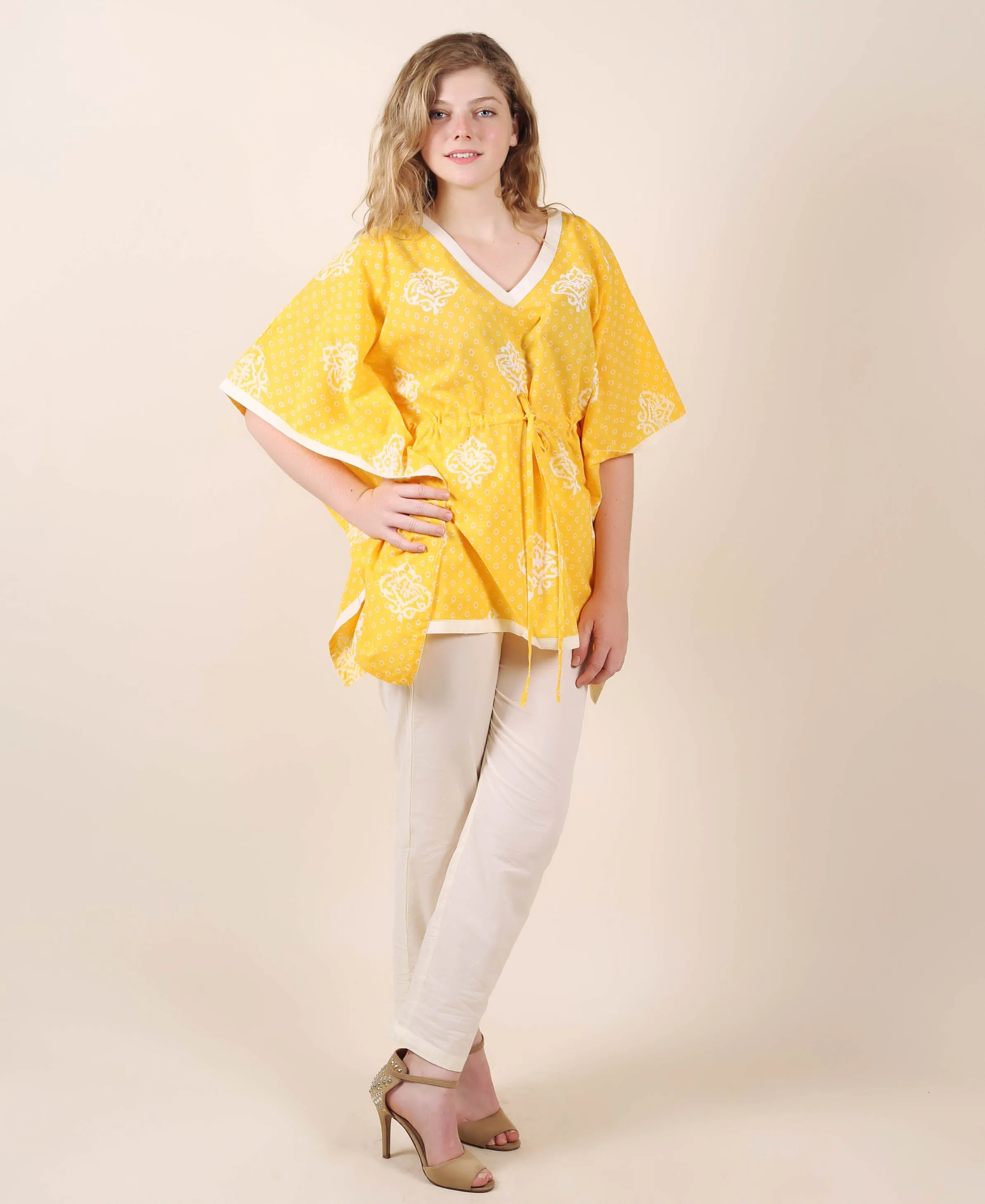 Cotton Yellow Printed Kaftan Top With White Trouser