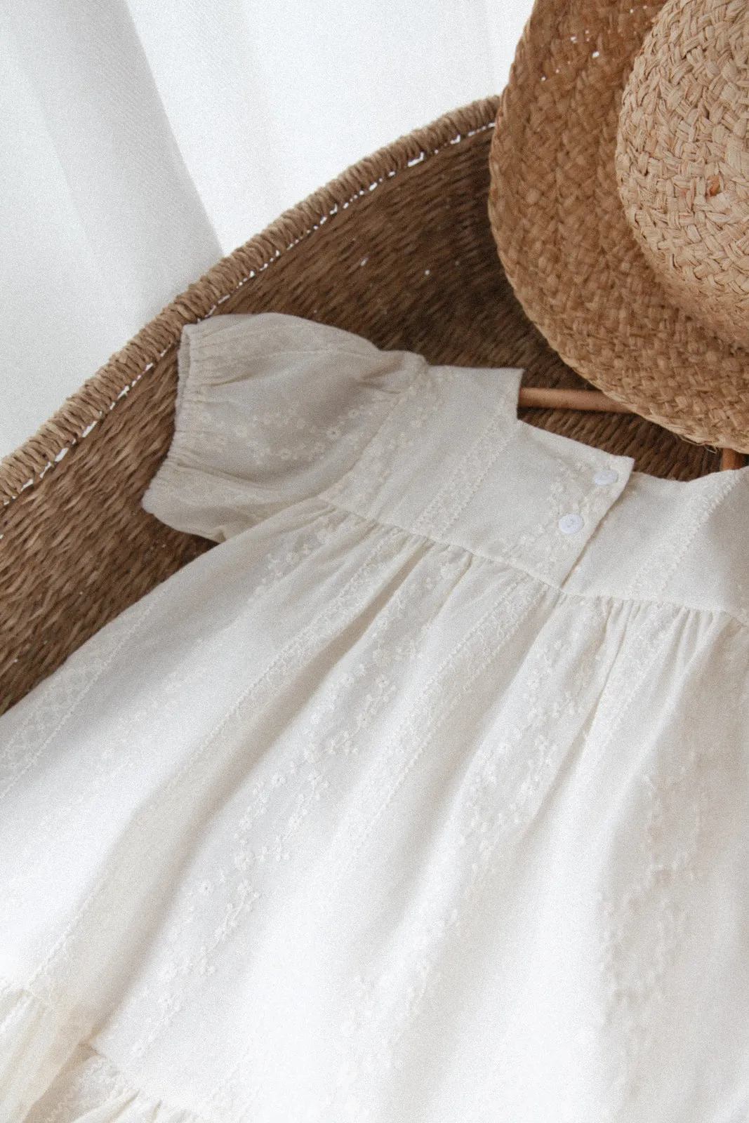 Cream Embroidered Puff Sleeve Dress