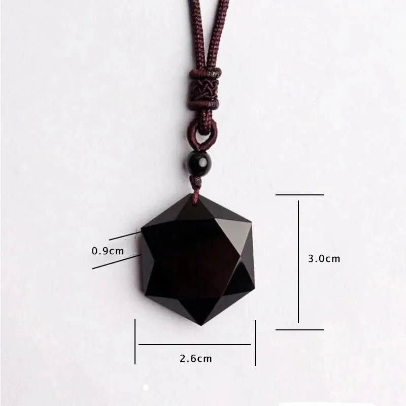 Cubic Hexagram Natural Black Obsidian Stone Necklace