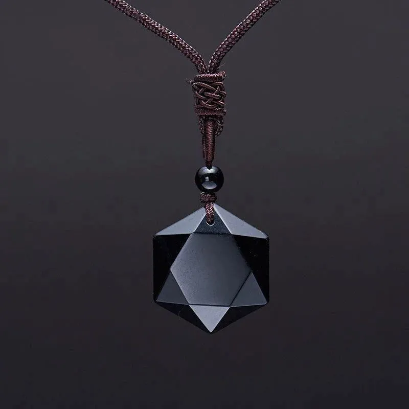 Cubic Hexagram Natural Black Obsidian Stone Necklace