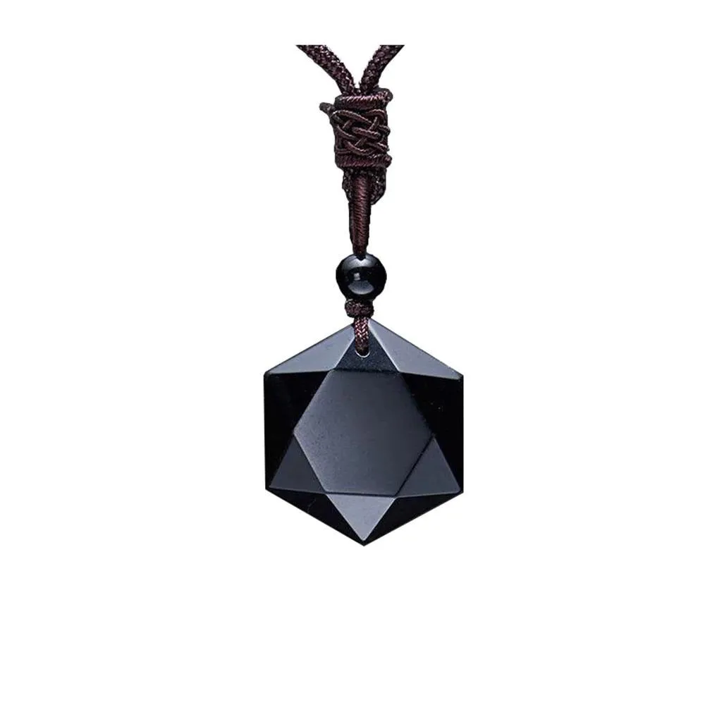 Cubic Hexagram Natural Black Obsidian Stone Necklace