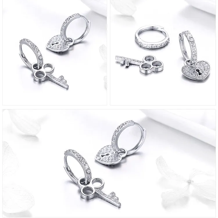 Cubic Zirconia Heart Shape Lock and Key 925 Sterling Silver Classic Wedding Drop Earrings