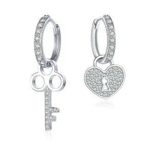 Cubic Zirconia Heart Shape Lock and Key 925 Sterling Silver Classic Wedding Drop Earrings