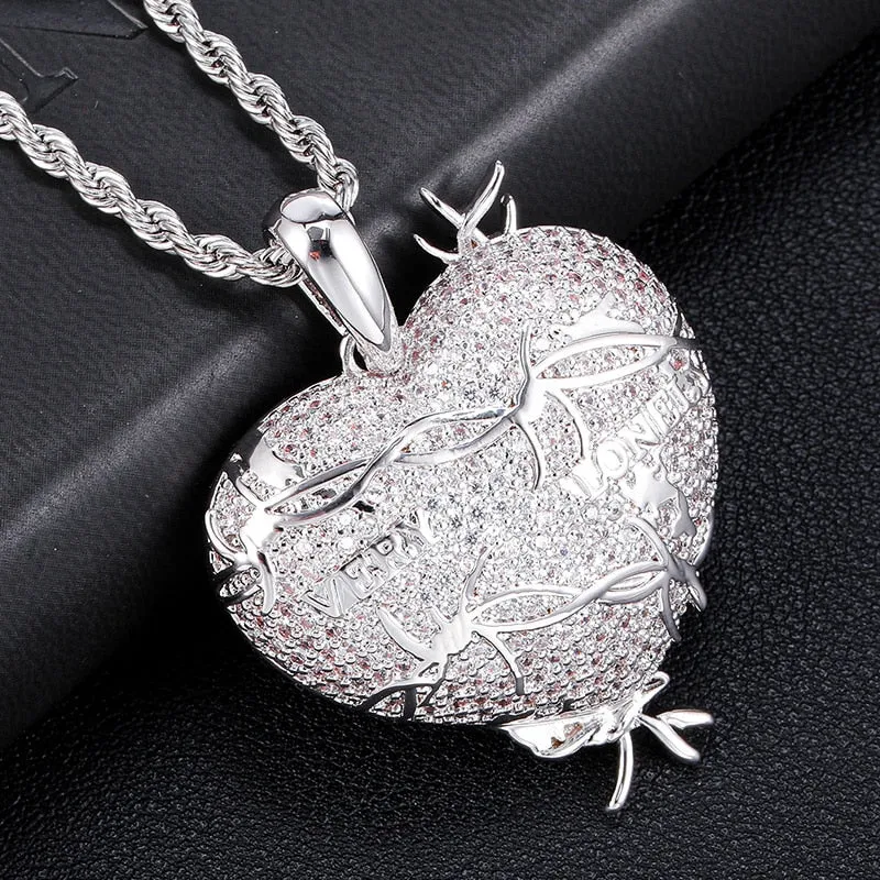 Cubic-Zirconia-Studded Heart with Thorns Bling Hip-hop Pendant Necklace