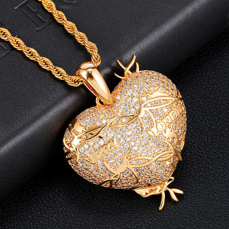 Cubic-Zirconia-Studded Heart with Thorns Bling Hip-hop Pendant Necklace