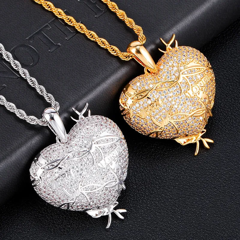 Cubic-Zirconia-Studded Heart with Thorns Bling Hip-hop Pendant Necklace