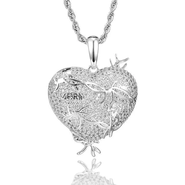 Cubic-Zirconia-Studded Heart with Thorns Bling Hip-hop Pendant Necklace