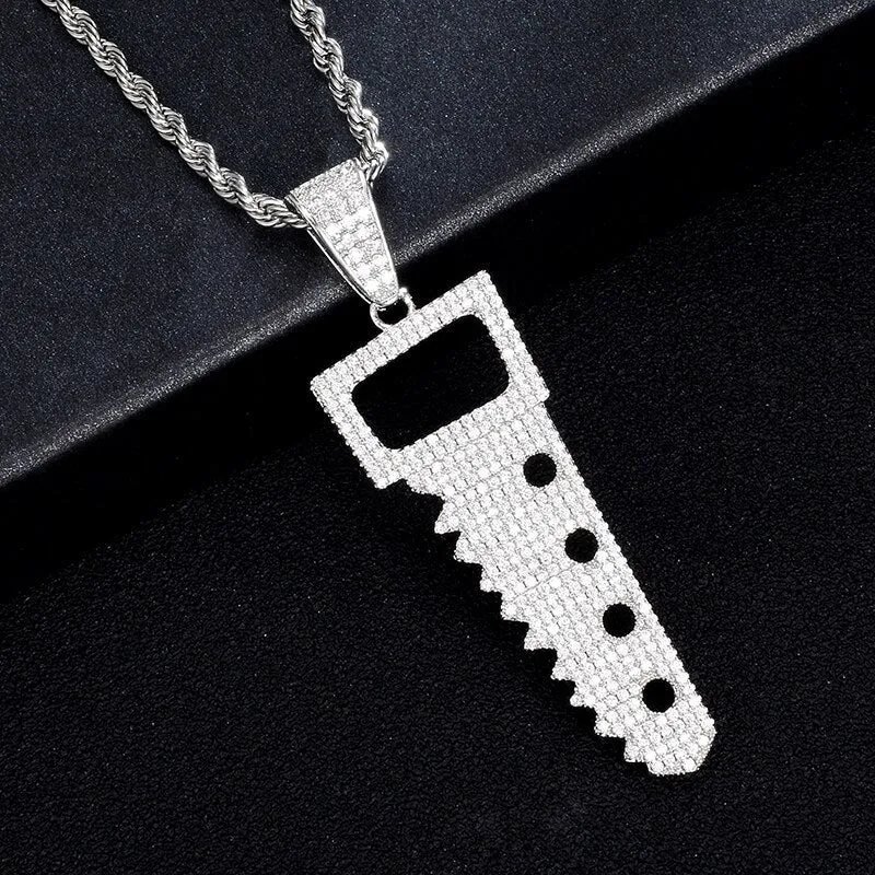 Cubic-Zirconia-Studded Saw Bling Hip-hop Pendant Necklace