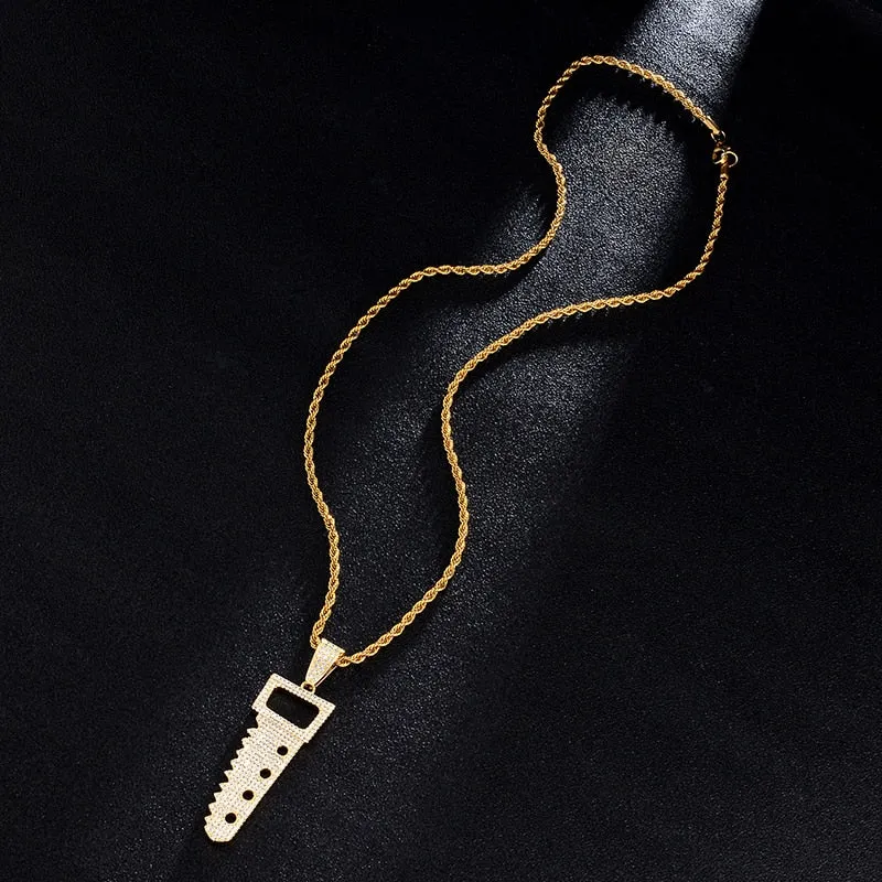 Cubic-Zirconia-Studded Saw Bling Hip-hop Pendant Necklace