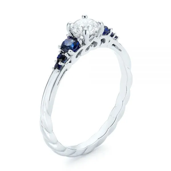 Custom Blue Sapphire And Side Stone Diamond Engagement Ring - EC084 With 0.5 Carat Round Shape Natural Diamond