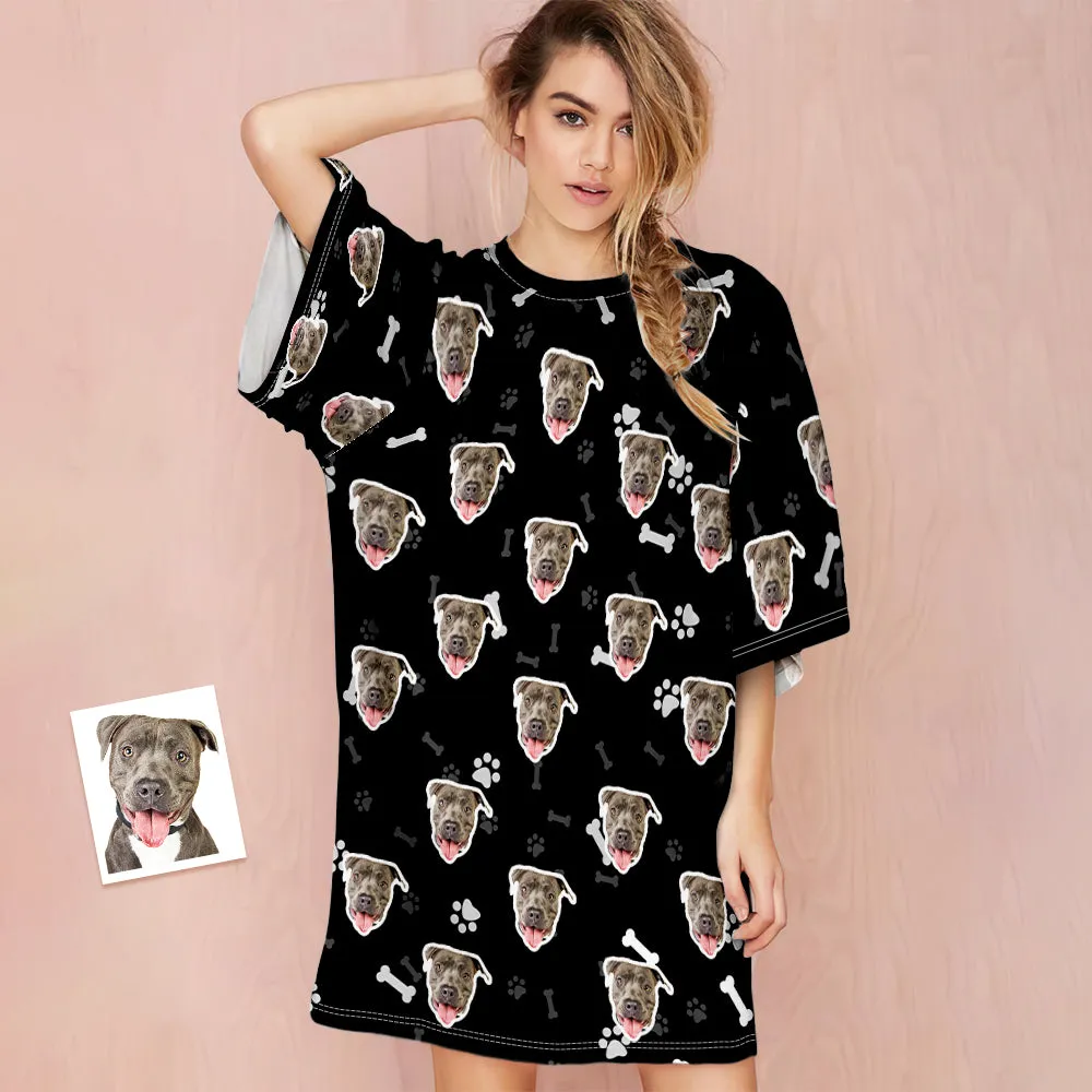 Custom Dog Face Nightdress Personalised Photo Women's Oversized Colorful Nightshirt Bone Gifts For Women