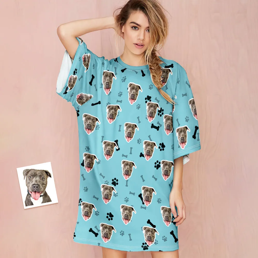 Custom Dog Face Nightdress Personalised Photo Women's Oversized Colorful Nightshirt Bone Gifts For Women